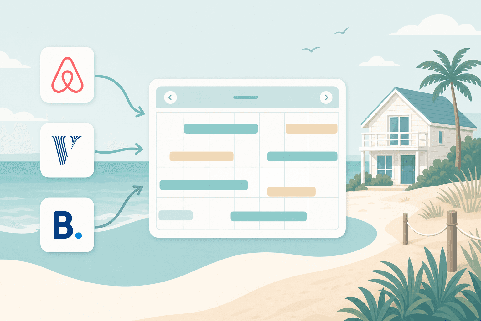 Illustration of Airbnb, Vrbo, and Booking calendars merging into one unified calendar